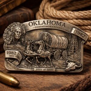 Vintage 1982 Oklahoma 75th Anniversary Statehood Belt Buckle – Limited Edition